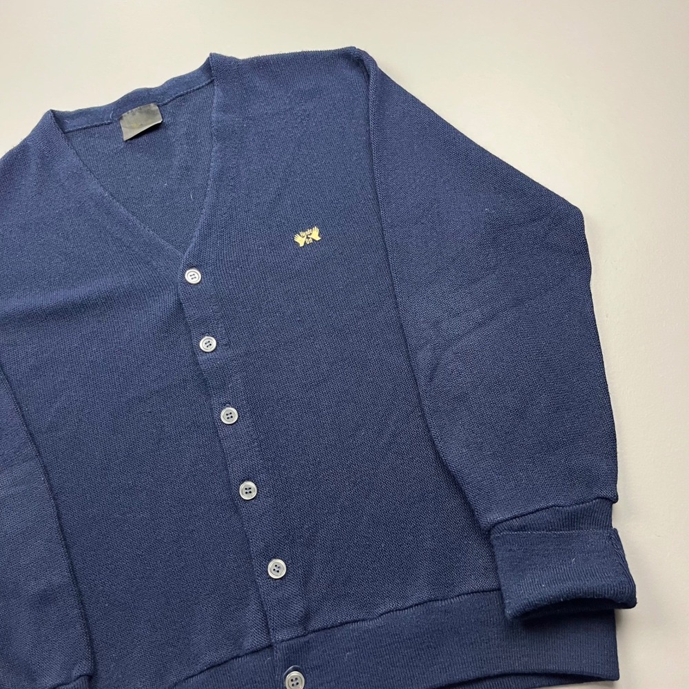 Hands Off Cardigan Sweater Mens Large Navy Blue Vintage V-Neck Button Up Knit